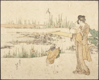 Nainen ja lapsi puutarhassa; katkelma teoksesta ”Kultakalanmyyjä” tekijältä Katsushika Hokusai