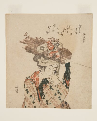 ?haran nainen polttopuutkimpun ja leijan kanssa (värillinen puupalikkaprintti) tekijältä Katsushika Hokusai