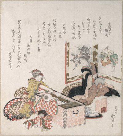 Naiset valmistavat teetä tulipesän ympärillä tekijältä Katsushika Hokusai