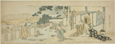 Naiset verannalla katsomassa tyttöä poimimassa kukkia tekijältä Katsushika Hokusai