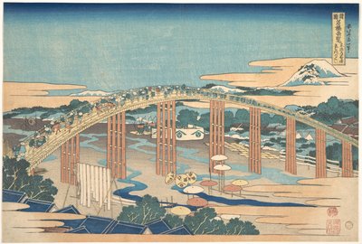 Yahagi-silta Okazakissa Tōkaidō-tiellä (Tōkaidō Okazaki Yahagi no hashi), teoksesta ”Merkittäviä näkymiä siltoista eri maakunnissa” (Shokoku meikyō kiran) tekijältä Katsushika Hokusai
