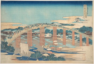 Yahagi-silta Okazakissa Tōkaidō-tiellä (Tōkaidō Okazaki Yahagi no hashi), teoksesta ”Merkittäviä näkymiä siltoista eri maakunnissa” (Shokoku meikyō kiran) tekijältä Katsushika Hokusai