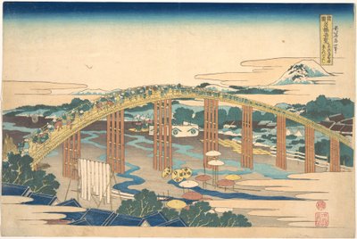 Yahagi-silta Okazakissa Tōkaidō-tiellä (Tōkaidō Okazaki Yahagi no hashi), teoksesta ”Merkittäviä näkymiä siltoista eri maakunnissa” (Shokoku meikyō kiran) tekijältä Katsushika Hokusai
