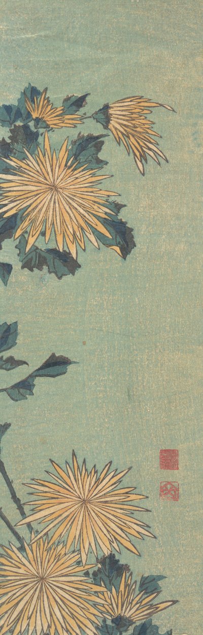 Keltaiset krysanteemit sinisellä pohjalla, n. 1825. tekijältä Katsushika Hokusai