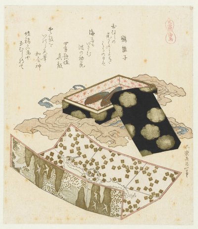 merihevosia Kaiba (otsikko esineessä) Sarja hevosten kanssa (sarjan nimi) Umazukushi (sarjan nimi esineellä) tekijältä Katsushika Hokusai