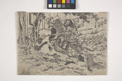 Rofu (Lu Bu) ja Ch?hi (Zhang Fei), sivuja kuvitetusta romaanista (puupainatus) tekijältä Katsushika II (fl.1820 50) Taito