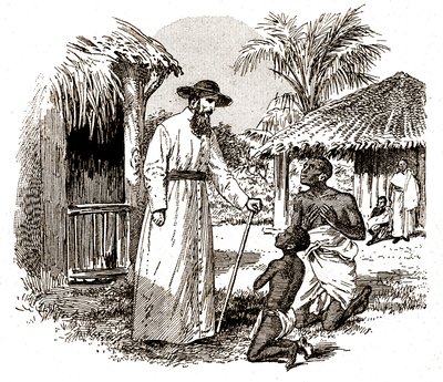 Katolinen lähetyssaarnaaja Afrikassa harjoittelemassa kääntymystä lapsesta ja hänen isästään, n. 1900 (kaiverrus) tekijältä 