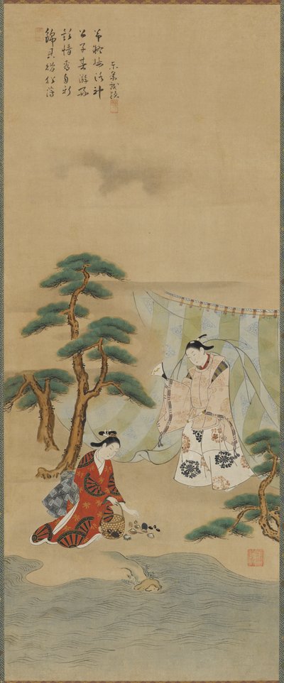 Nuori mies ja nuori nainen meren rannalla, Edo-kausi, 1615-1868. tekijältä Kawamata Tsuneyuki