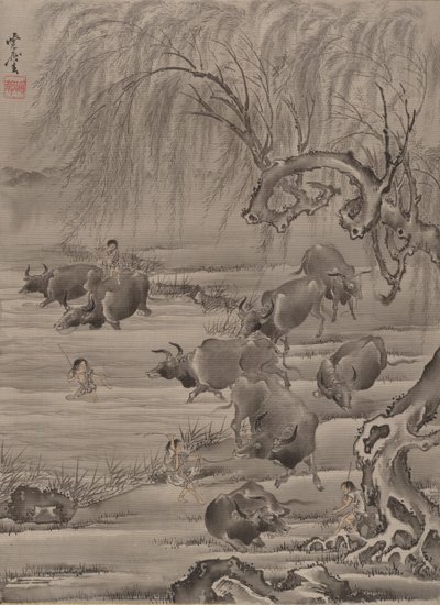 Buffalo ja Herdsman, n. 1887. tekijältä Kawanabe Kyosai