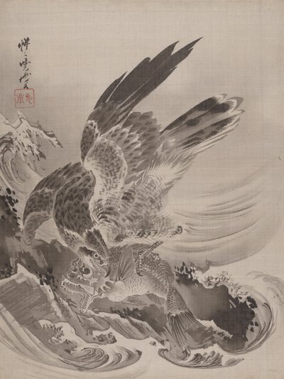 Eagle Attacking Fish, n. 1887. tekijältä Kawanabe Kyosai