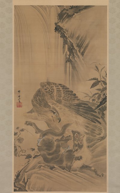 Kotka hyökkää vuorileijonaan, 1885. tekijältä Kawanabe Kyosai