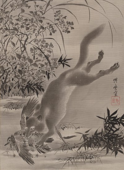 Fox Catching Bird, n. 1887. tekijältä Kawanabe Kyosai