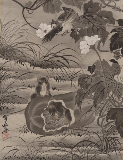 Hiiret melonissa, n. 1887. tekijältä Kawanabe Kyosai