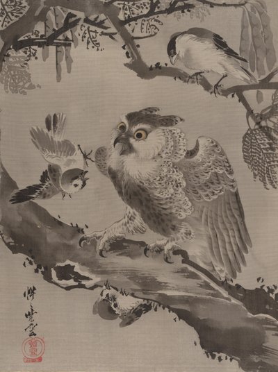 Pienten lintujen pilkaama pöllö, n. 1887. tekijältä Kawanabe Kyosai