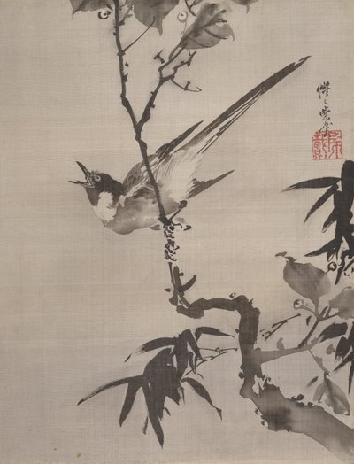 Laululintu oksalla, n. 1887. tekijältä Kawanabe Kyosai