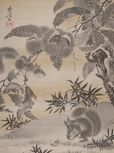 Oravat keräävät kastanjoita, n. 1887. tekijältä Kawanabe Kyosai