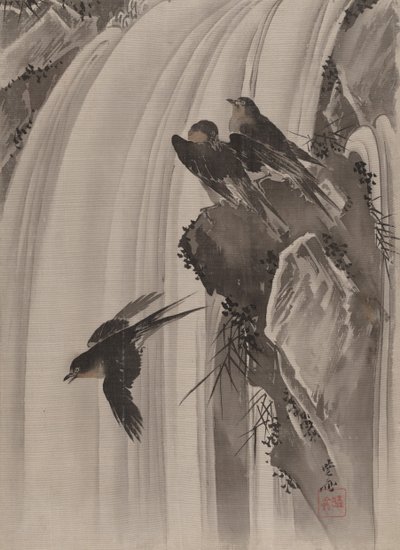 Pääskyset vesiputouksen äärellä, n. 1887. tekijältä Kawanabe Kyosai