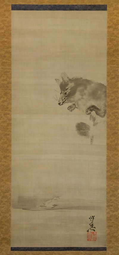 Tanuki supikoira katselemassa heijastustaan vedessä, 1800-luvun loppu. tekijältä Kawanabe Kyosai