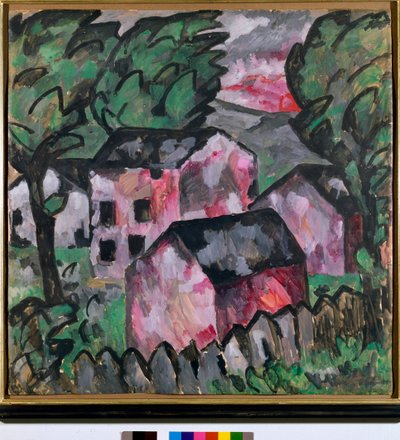 Maisema punaisilla taloilla Maalaus Kazimir Severinovich Malevich (Malevich, Malevich) (1878-1935) Aurinko 107x106 cm 1910 Sun Taidemuseo Bale tekijältä Kazimir Severinovich Malevich