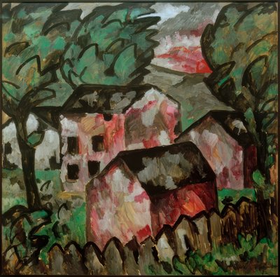 Maisema, jossa on kolme punaista taloa tekijältä Kazimir Severinovich Malevich