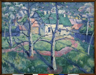 Omenapuut Kukkivat. Maaseutumaisema kesällä, muutama talo, polku, puita. Maalaus: Kasimir Severinovich Malevich (Malevich, Malevic) (1878-1935), öljy kankaalle tekijältä Kazimir Severinovich Malevich