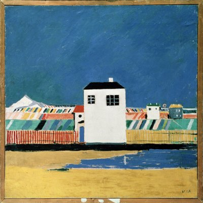 Maisema Valkoisen talon kanssa. Maalaus: Kasimir Severinovich Malevitch (Malevich, Malevic) (1878-1935), öljy kankaalle, noin 1930. Venäläinen taide, 1900-luku, avantgarde, suprematismi, konstruktivismi. Venäjän valtionmuseo, tekijältä Kazimir Severinovich Malevich