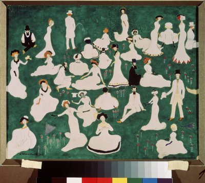 Rentoutuminen. Korkea yhteiskunta silinterihattuissa. (Rentouttava. High Society silinterihatuissa). Hauskan ja rentoutumisen kohtaus puiston nurmikolla. Kasimir Severinovich Malevitchin (Malevich, Malevic) (1878-1935) työ, vesiväri, guassi ja tussi tekijältä Kazimir Severinovich Malevich