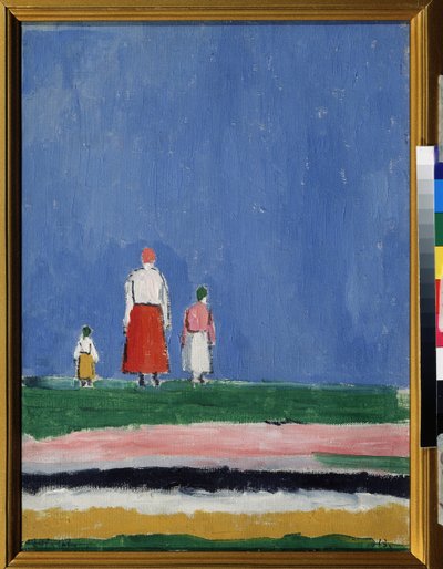 Kolme figuuria. Äiti, jolla on kaksi lasta, edustettuna takaapäin. Maalaus: Kasimir Severinovich Malevitch (Malevich, Malevic) (1878-1935), öljy kankaalle 1913 tai 1927 jälkeen. Venäläinen taide, 1900-luvun avantgarde, suprematismi. Kokoelma s tekijältä Kazimir Severinovich Malevich