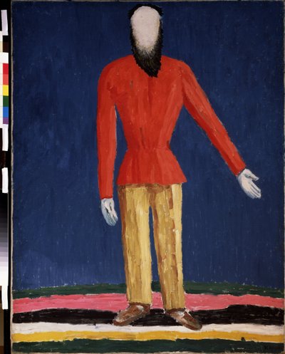 Talonpoika (talonpoika). Kuvaus parrakkaasta miehestä punaisella paidalla). Maalaus: Kasimir Severinovich Malevich (Malevich, Malevic) (1878-1935), öljy kankaalle tekijältä Kazimir Severinovich Malevich