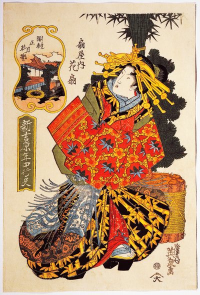 Kurtesaani Hanaogi Ogiya-talosta kurtisaanien kevätparaatissa, noin 1830, Keisai Eisenin (1790-1848) ukiyo-e-taidevedos, Oban tate-e -puupiirros, 38,5 x 25. 7 cm, japanilainen sivilisaatio, Edo-kausi tekijältä Keisai Eisen