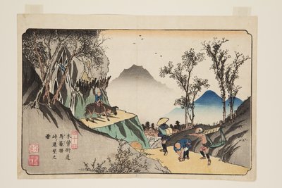 Nro 44, Magome Station: Kaukainen näkymä solalta (Magome eki, t?ge yori enb? no zu) (värillinen puupalikkapainatus) tekijältä Keisai Eisen