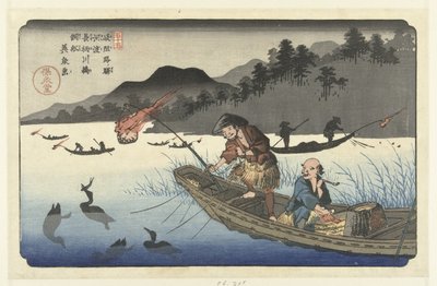 Aalscholvervissersboten op de Nagae Rivier te Kawado Kawado Nagaegawa ukaibune (otsikko esineessä) De Stations van de Kisokaido (sarjan nimi) Kisoji eki (sarjan nimi esineellä) tekijältä Keisai Eisen