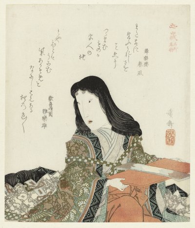 Polvistuva nainen Kuuluisia paikkoja ja tuotteita Yamashiron maakunnassa (sarjan nimi) Yamashiro meisho meibutsu (sarjan nimi esineessä) tekijältä Keisai Eisen