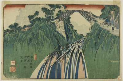 Nro 41: Kaukaisnäkymä Ina-joen sillalle Nojirissa (Yonjuichi: Noriji Inagawabashi enkei), sarjasta "[Sixty-nine Stations of the] Kisokaido". tekijältä Keisai Eisen
