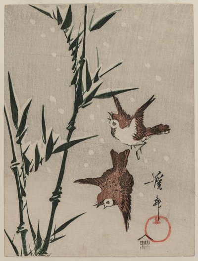 Varpuset, bambu ja putoava lumi, c. 1820-luvun lopulla. tekijältä Keisai Eisen