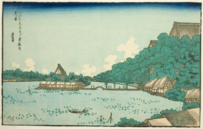 Toeizan-temppeli Edon Shinobazu Bentenin pyhäköstä katsottuna (Edo Shinobazu Benten yori Toeizan o miru zu), Edon kuuluisien paikkojen sarjasta, jossa on länsimaisten kirjainten kehyksiä. tekijältä Keisai Eisen