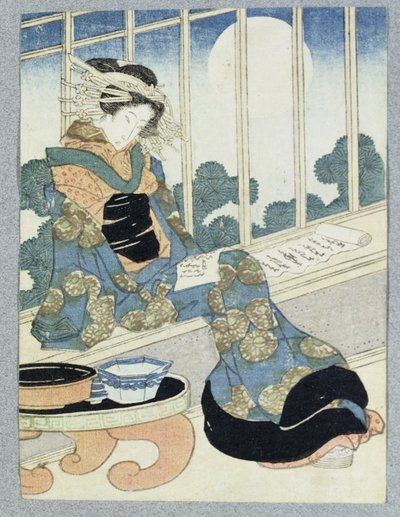 Japanilainen Lady Reading by Moonlight (puukiviprintti) tekijältä Keisai Yeisen