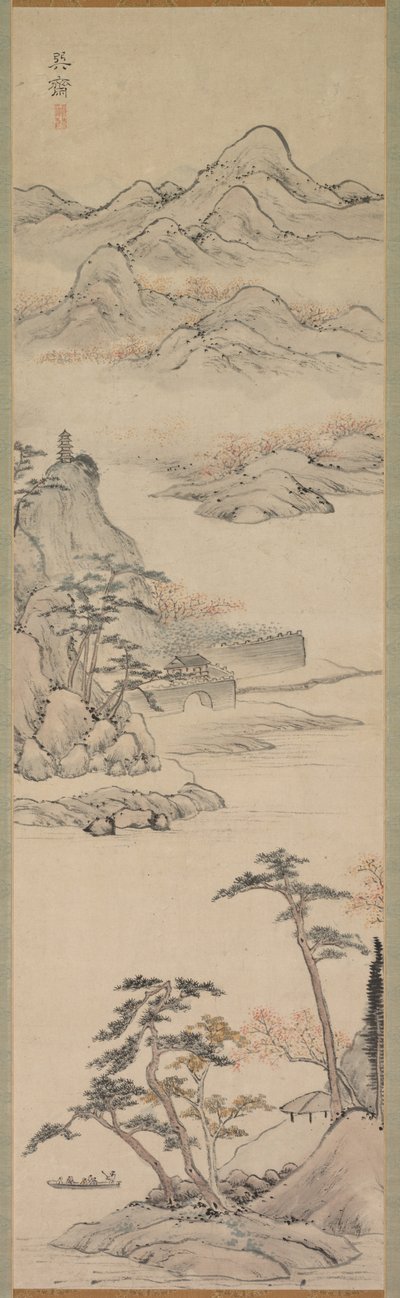Maisema veneilijöineen, 1700-luvun loppu - 1800-luvun alku. tekijältä Kenkado Kimura