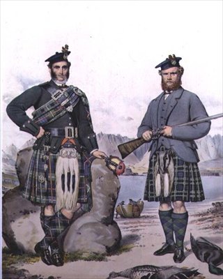 Kilttipukuisia metsästäjiä Hebrideillä, kaiverrettu Vincent Brooksin toimesta, noin 1868 (litografia). tekijältä Kenneth (after) Macleay