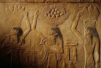 Naiset kantavat leipää, lintua, vuohta ja tuotteita, Tiyen hauta, Egypti; Vanha valtakunta; Saqqa... tekijältä Kenneth Garrett