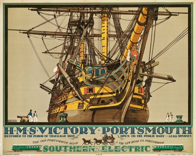 H.M.S. Victory, Portsmouth, juliste, joka mainostaa Southern Electric Railways (väri litho) tekijältä Kenneth Shoesmith