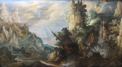 Kerstiaen de Keuninckin "Vuoristomaisema vesiputouksen kanssa", noin 1600. tekijältä Kerstiaen de Keuninck