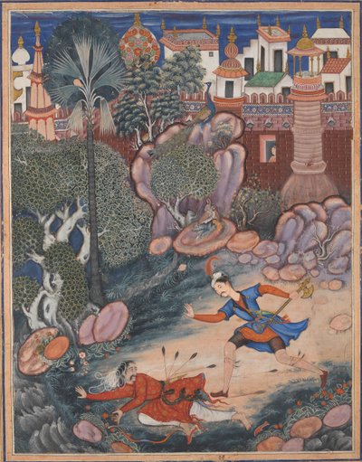 Umar kävelee ympäri Fuladin linnaa, tapaa jalkasotilaan ja potkaisee hänet maahan..., noin. 1570. tekijältä Kesav Das