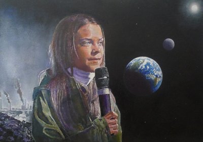 Greta puhuu (Wake Up Humanity!), 2022 (maalaus) tekijältä Kevin Parrish
