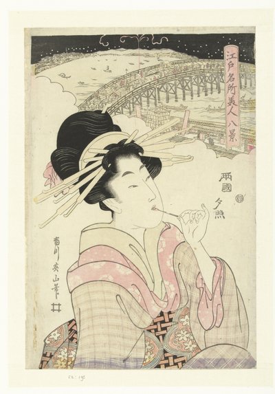 Iltavalo Ryogokussa Ryogoku no sekisho (otsikko esineessä) Edon kuuluisten paikkojen ja kauneuden kahdeksan kasvoa (sarjan nimi) Edo meisho bijin hakkei (sarjan nimi) tekijältä Kikugawa Eizan