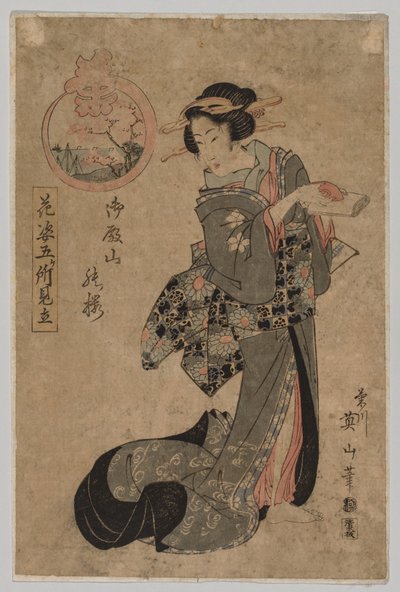 Kurtisaani sakekupin ja kääröllä, 1787-1867. tekijältä Kikugawa Eizan