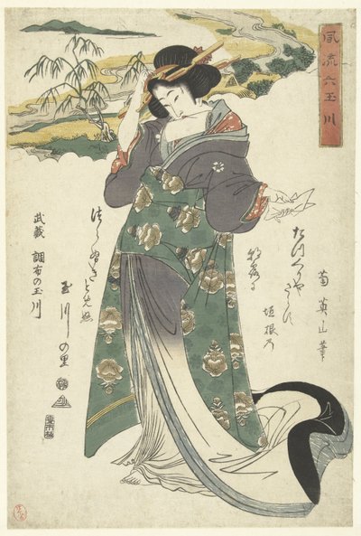 De Chofu Tama rivier Musashin provinssissa Musashi Chofu no Tamagawa (otsikko esineessä) De elegante zes Tama rivieren (sarjan nimi) Furyu Mu Tamagawa (sarjan nimi esineellä) tekijältä Kikugawa Eizan