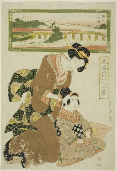Iltahohto Setalla (Seta sekisho), sarjasta "Furyu Omi hakkei (Furyu Omi hakkei) muodikkaat näkymät" tekijältä Kikukawa Eizan