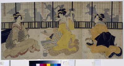Kolmen kauneuden festivaali. (Kolmen kauneuden juhla). Kolmen kurtisaanin (geisha, geiko) ryhmä Edo- tai Tokugawa-kaudelta (1600-1868) teehuoneessa (ochaya). Kikukawa Eizanin (1787-1867) teos, puupiirros (painos) 1814. Art i tekijältä Kikukawa Eizan