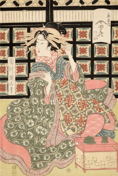 Eizanin Ukiyo-e-printti Courtesanista, n. 1810 (värillinen puupalikkaprintti) tekijältä Kikukawa Eizan